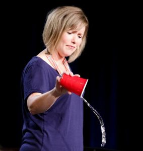 Jodi Moore, lead pastor at Ceresco Covenant Church in Ceresco, Nebraska, made effective use of a visual aid while sharing about spiritual dehydration during one of the CovTalks. Photo credit: Beth Hegney